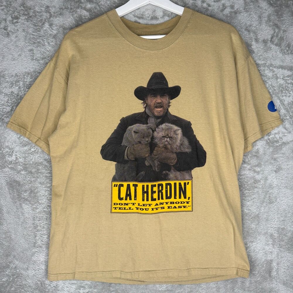 Vtg Cat Funny T-Shirt Mens Large Cat Herdin Cowboy EDS Beige Hanes Beefy-T Y2K